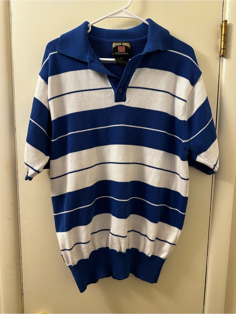 Charlie Browns County FB Mens L Blue White Striped Knit Polo Y2K Style